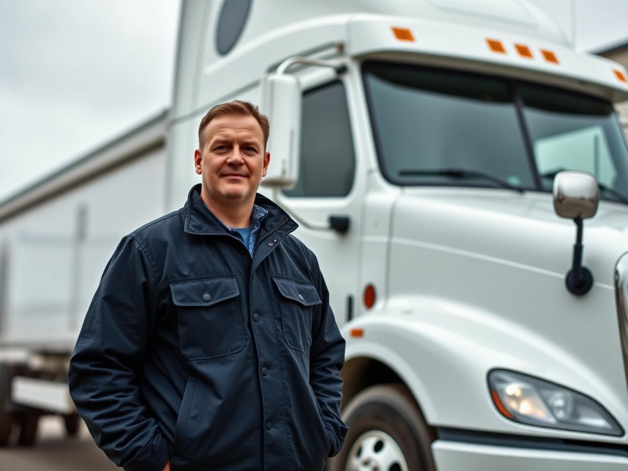 CDL driver standing beside a modern semi tractor at a distribution yard
